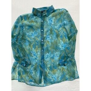 Notations Woman 2X Blouse Sheer Blue Tropical Floral Button Up Boho Coastal Y2K
